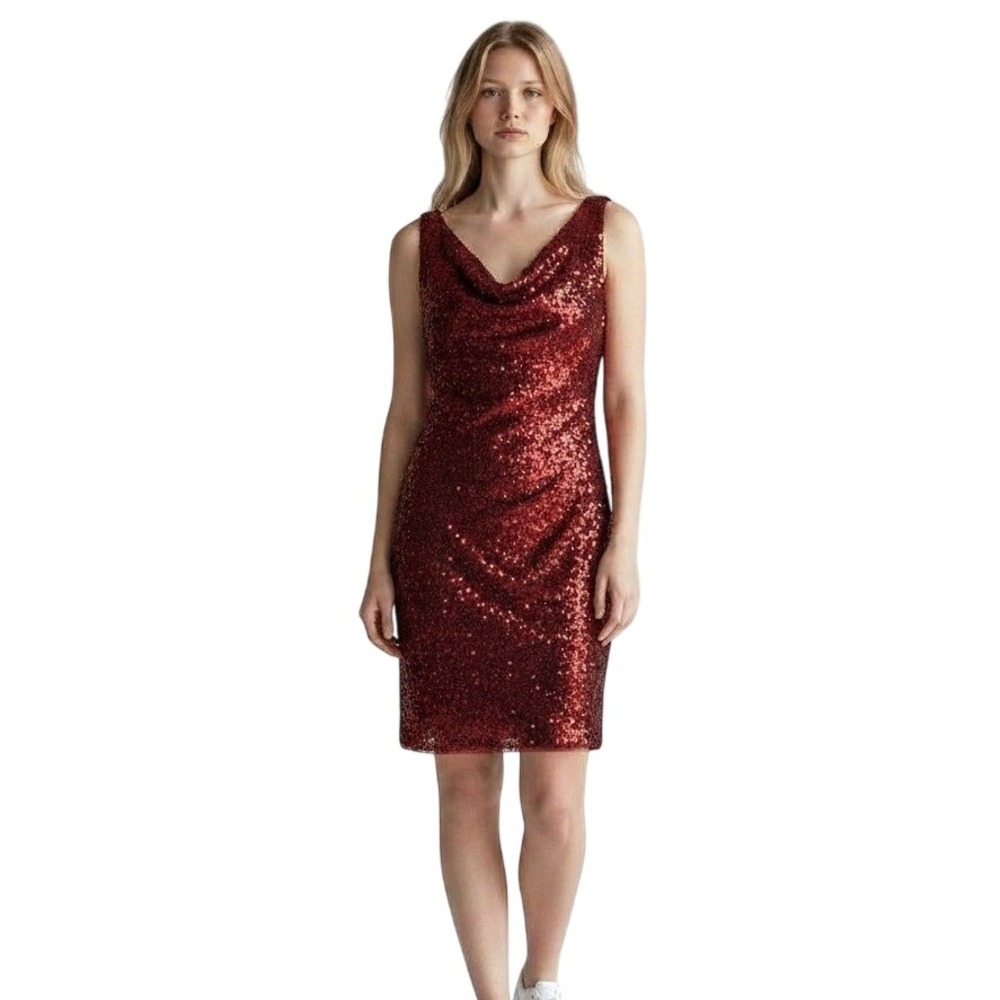 Max Studio Burgundy Cocktail Dress Medium Matte Sequin Mesh Cowl Neck Party Glam